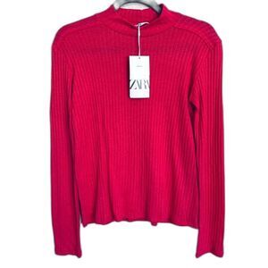 Zara hot pink top women mock neck long sleeve ribbed top size S academia barbie